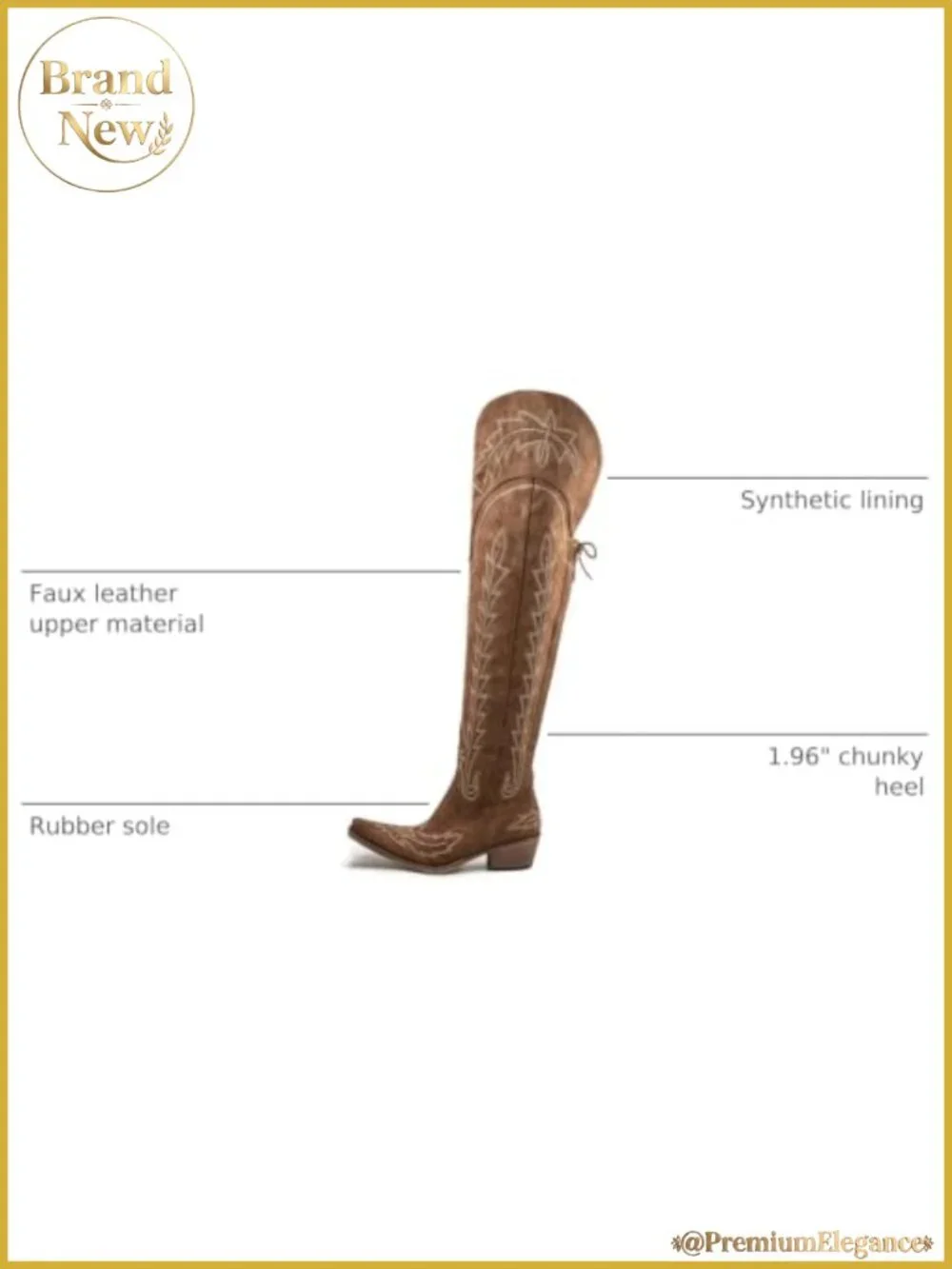 Faux Leather Thigh High Cowboy Boots Chunky Heel Embroidered Western Style